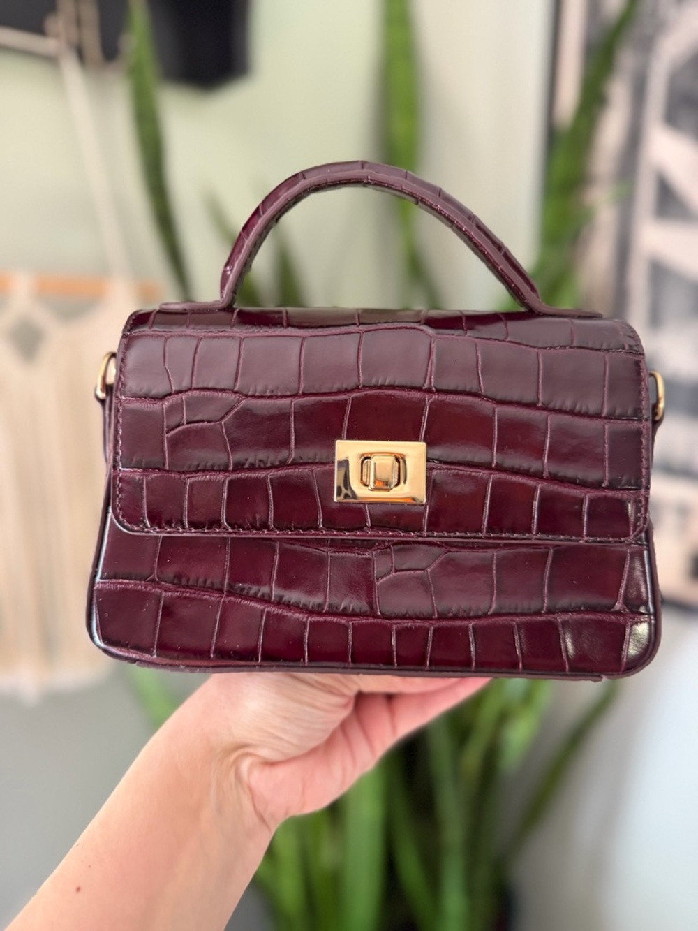 J Crew Edie Italian croc-embossed leather bag-Dark Midnight Burgundy